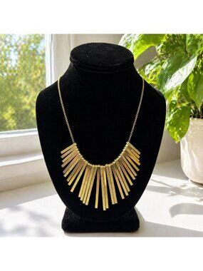 Gold-Tone Statement Necklace With Textured Fringe Bars Lobster Clasp Adjustable